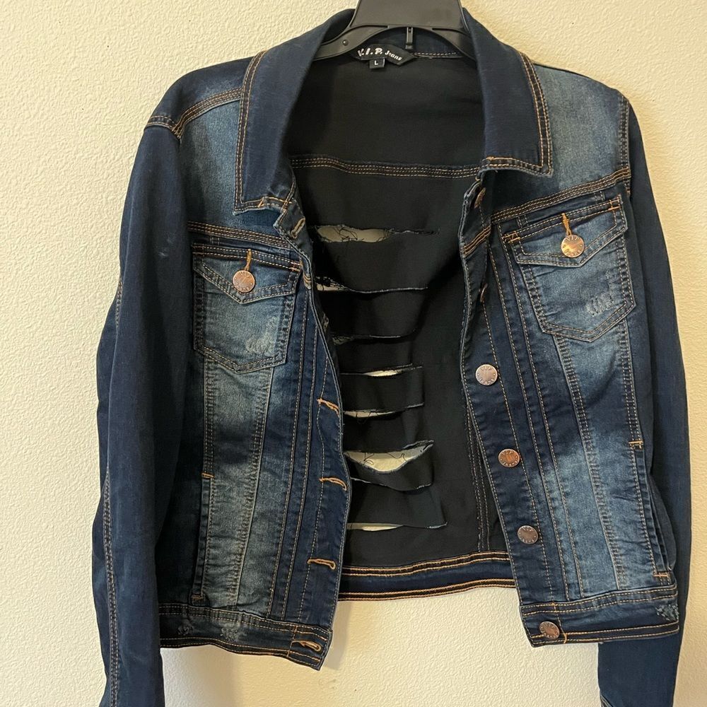 V.I.P Jeans Navy blue back cut Women Denim jacket size L - Picture 6 of 9